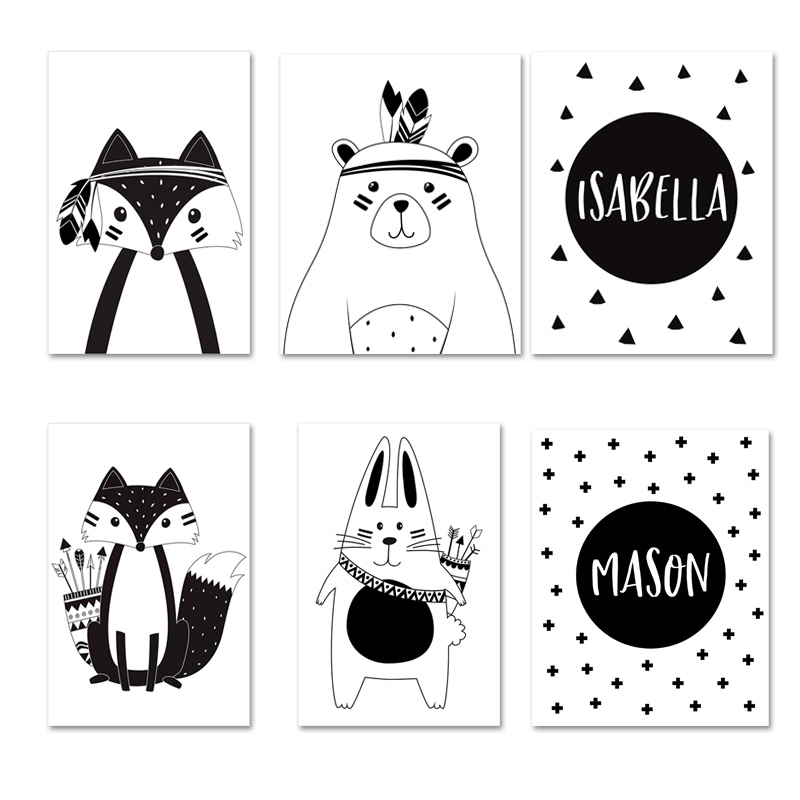 Baby Nursery Name Wall Art - Black White Cartoon Bear Rabbit Baby