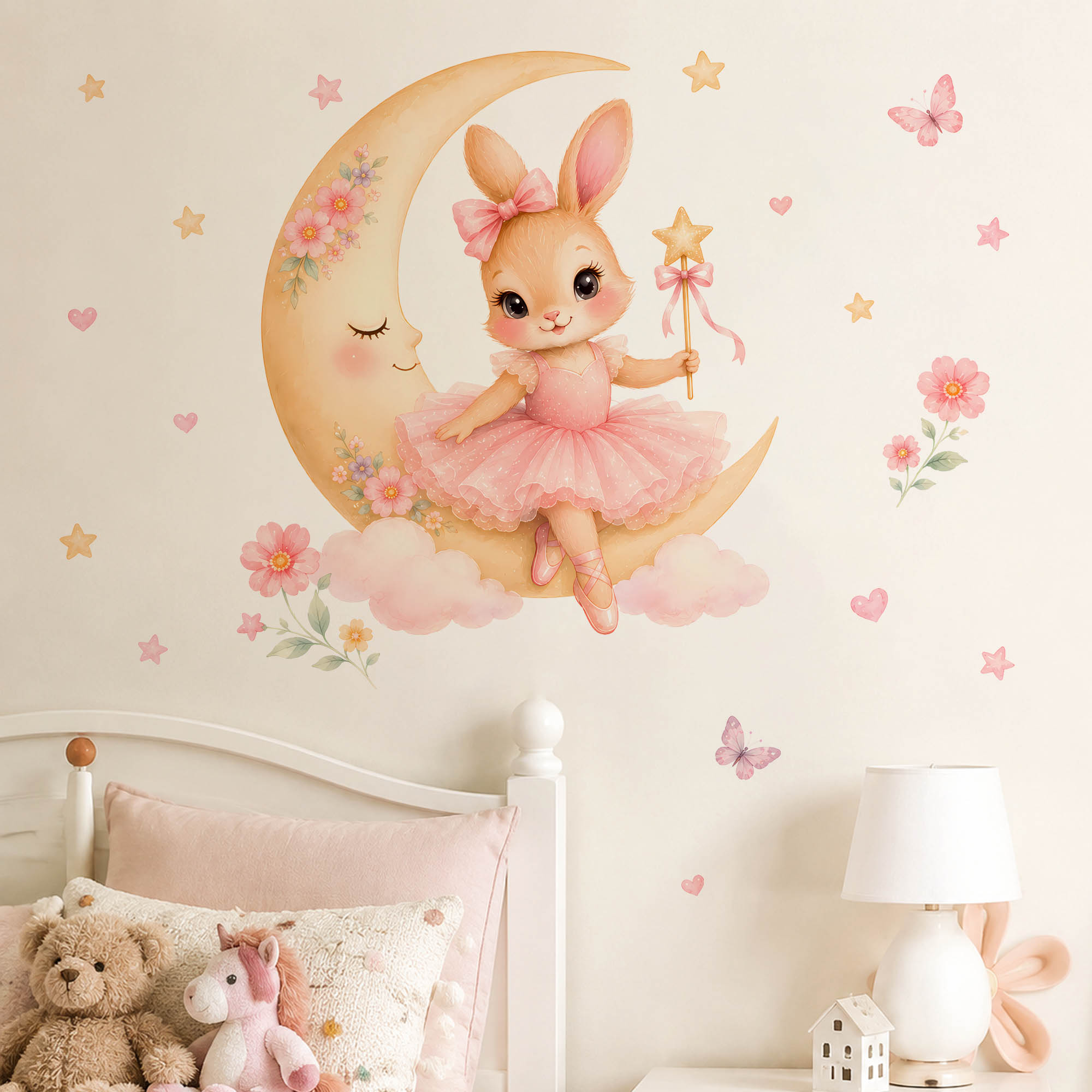 Baby Nursery Vinyl - Watercolor Ballerina Bunny Moon Wall Stickers