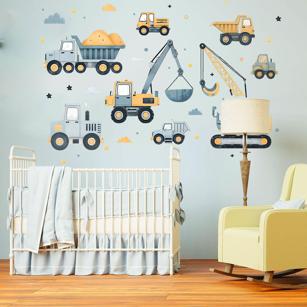 Baby Nursery Vinyl - Cartoon Excavator Vehicles Set Car Wall
