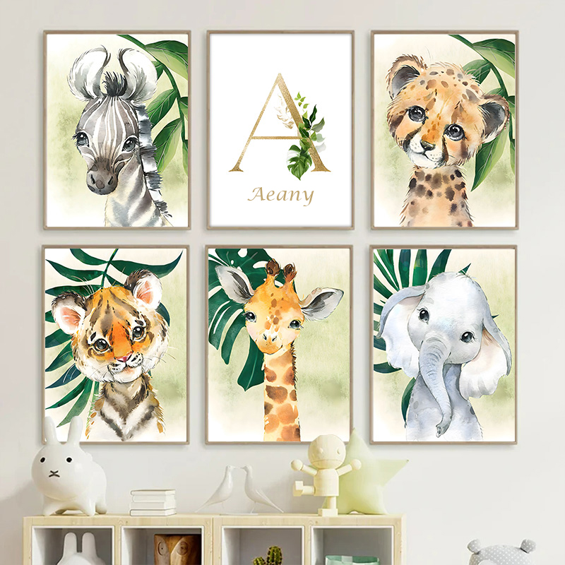 Baby Nursery Name Wall Art - Gold Kids Name Poster Jungle Animals