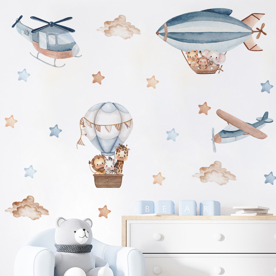 Baby Nursery Vinyl - Watercolor Animals Hot Air Balloon Clouds