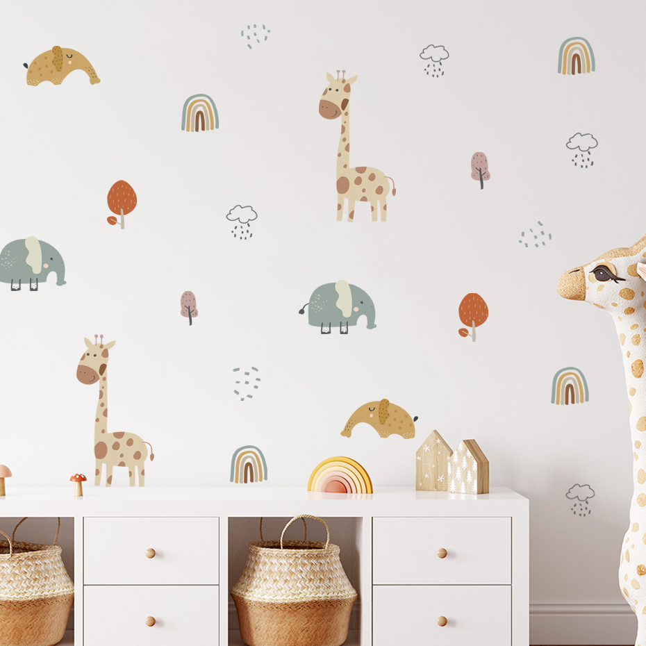 Baby Nursery Plants - Cartoon Giraffe Elephant Animal Wall Sticker