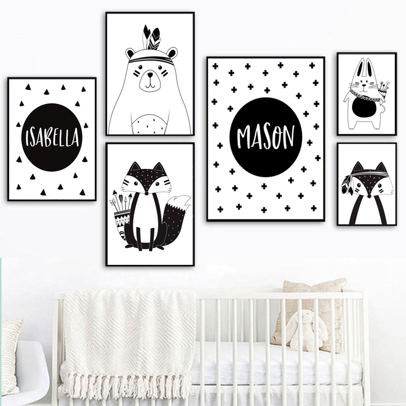 Black White Cartoon Bear Rabbi - Baby Nursery Name Wall Art 评论和价格