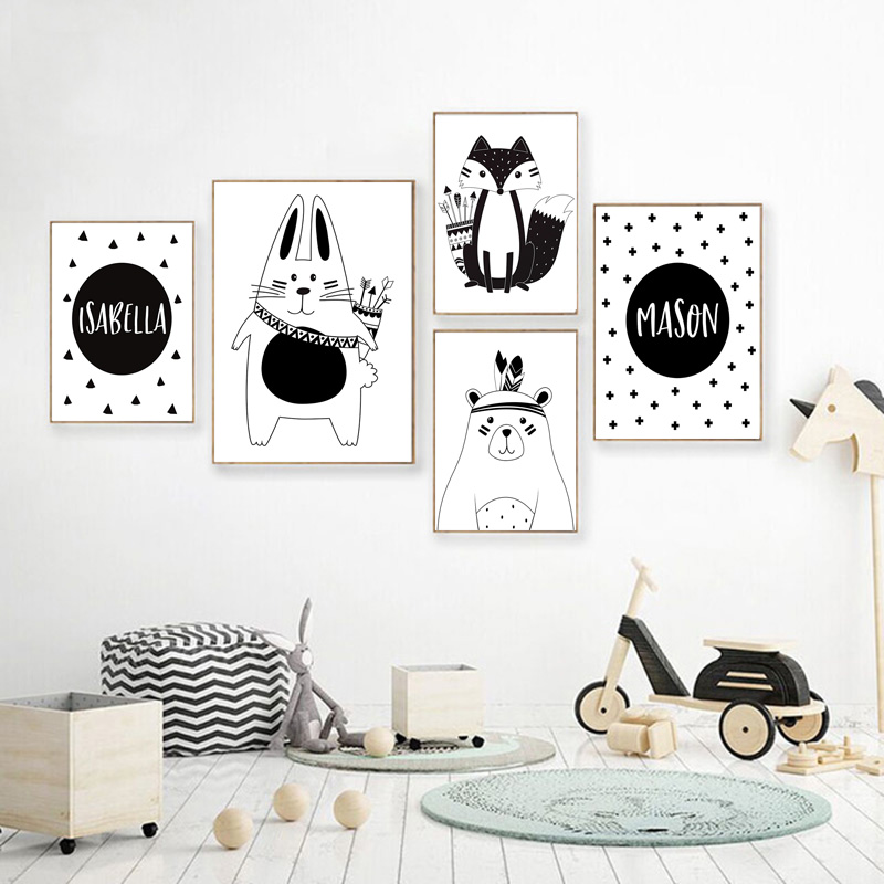 Black White Cartoon Bear Rabbi - Baby Nursery Name Wall Art 评论和价格