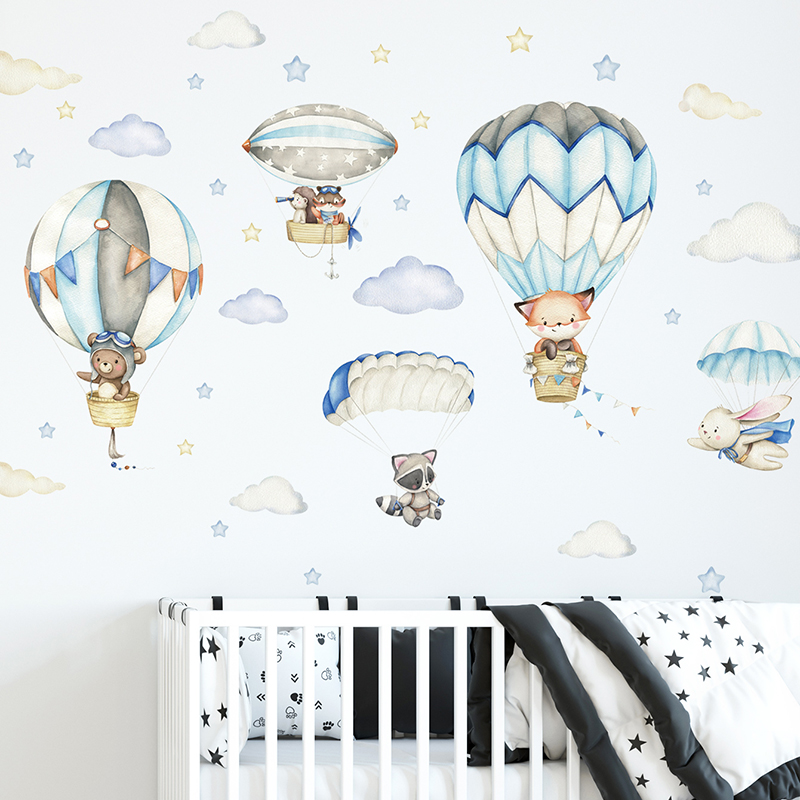 Cartoon Cute Animals Hot Air B - Baby Nursery Vinyl 评论和价格