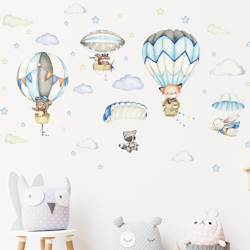 Cartoon Cute Animals Hot Air B - Baby Nursery Vinyl 评论和价格