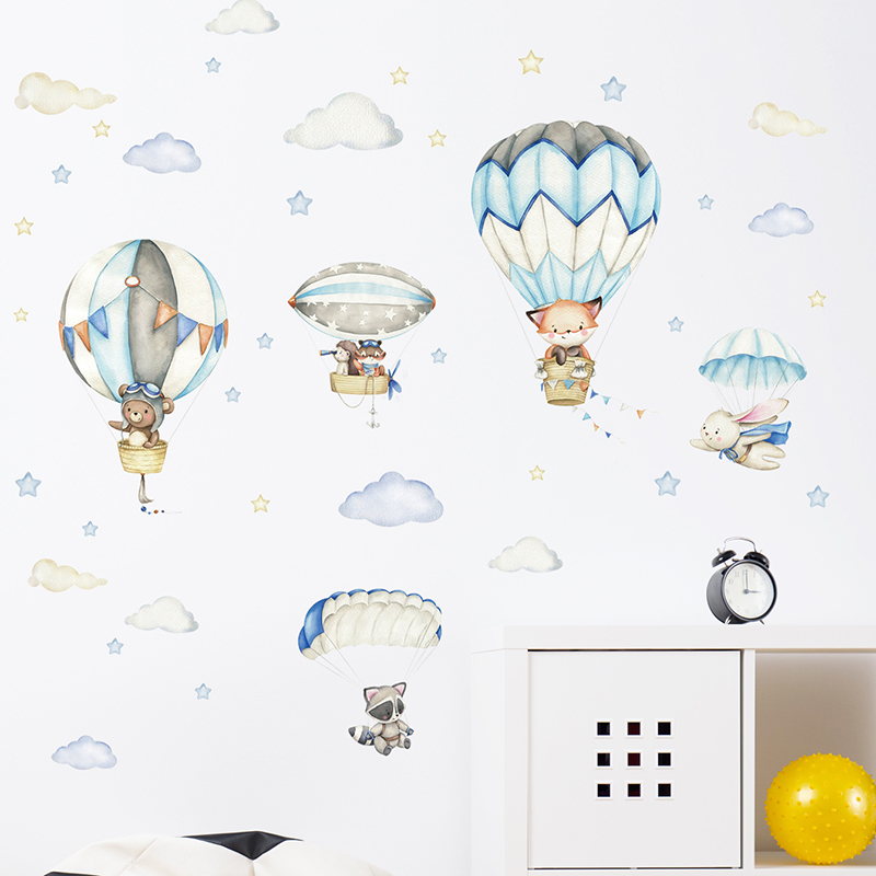 Cartoon Cute Animals Hot Air B - Baby Nursery Vinyl 评论和价格