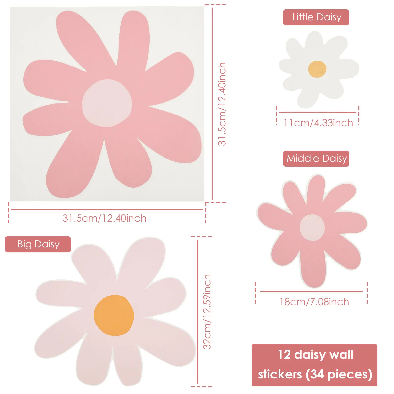 12 Sheets Cute Daisy Floral Wa - Baby Nursery Plants 评论和价格