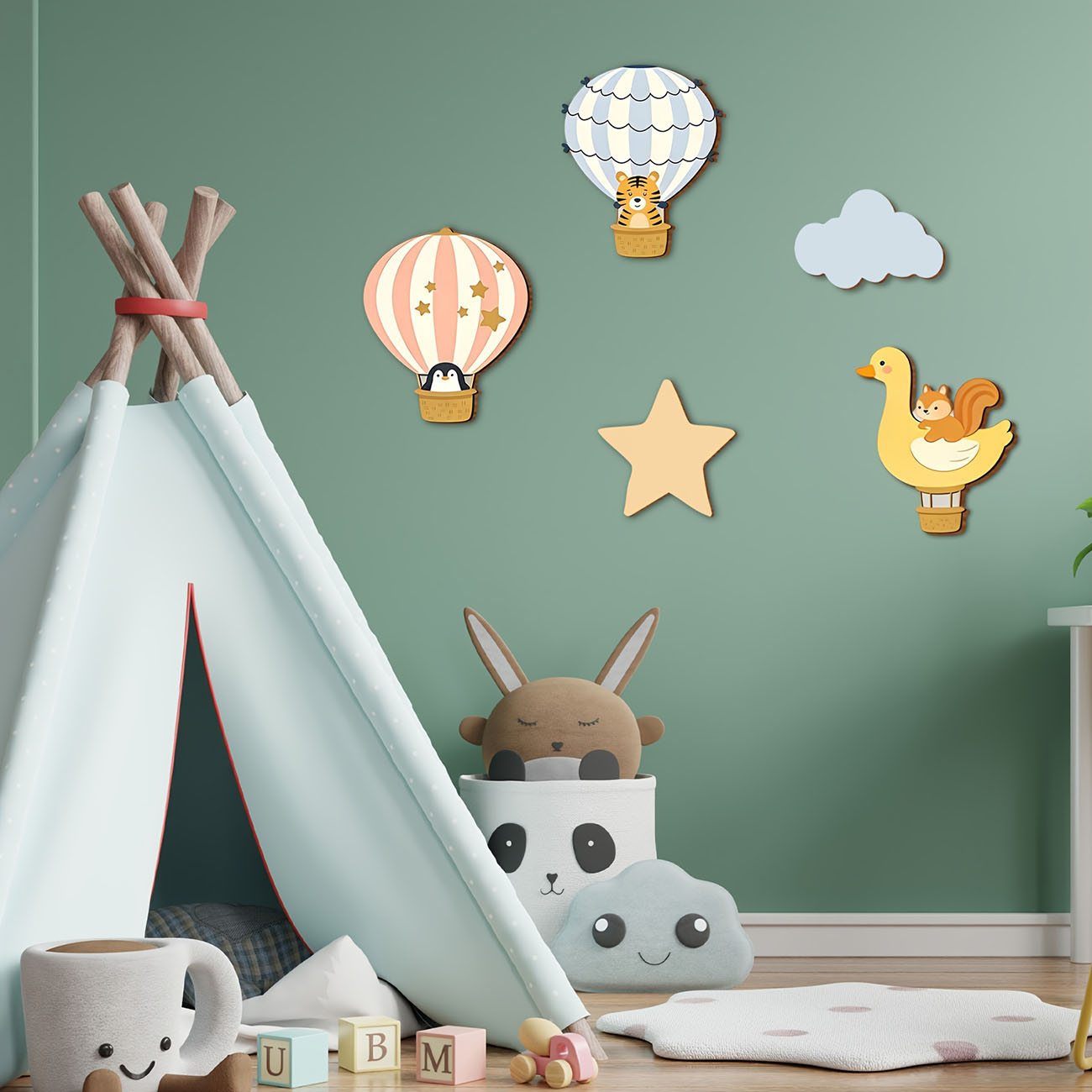 5Pcs Animal Hot Air Balloon Wo - Baby Nursery Vinyl 评论和价格