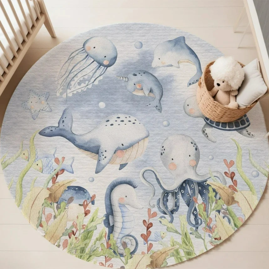 Blue Marine animal Round Carpe - Baby Nursery Carpet 评论和价格